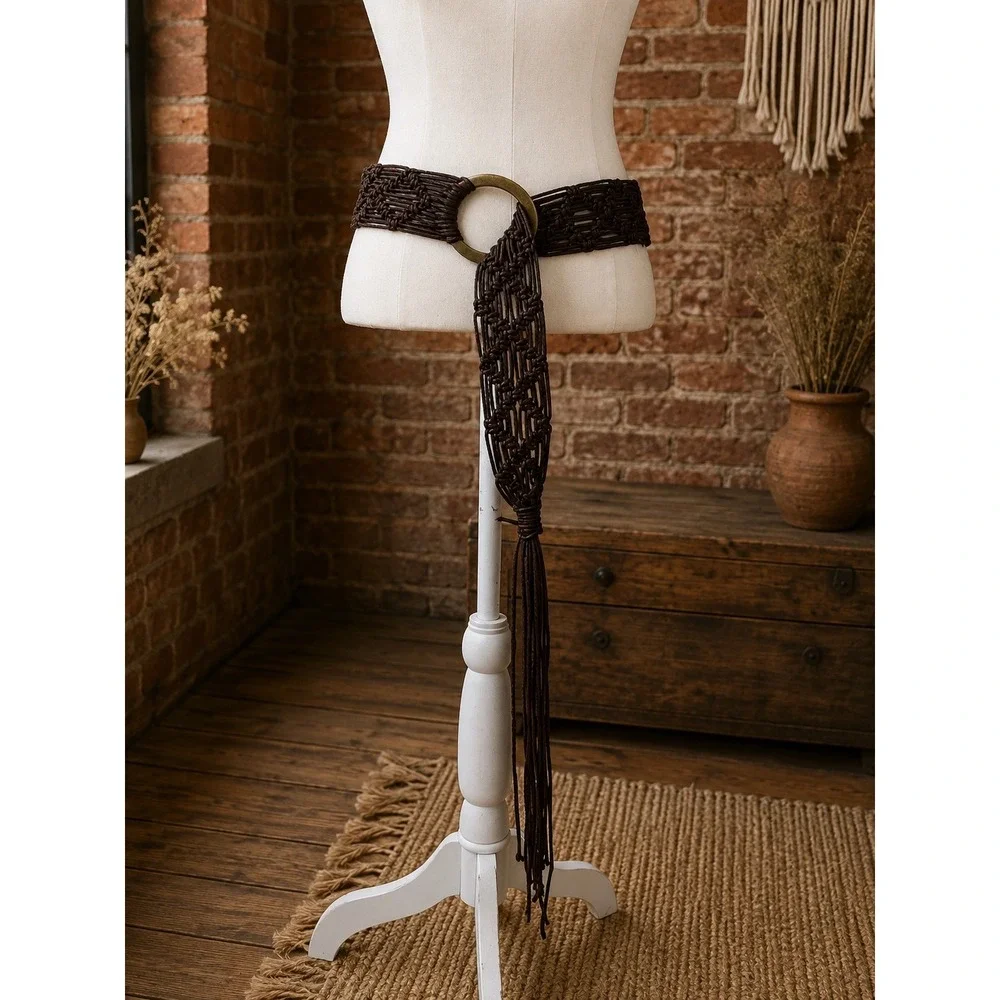 Boho Brown Macrame Wide Waist Belt O-Ring Buckle Hippie Fringe Western Festival